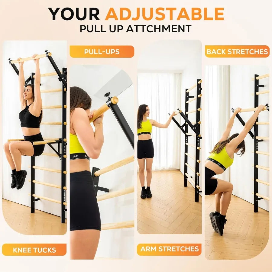 Swedish Ladder Wood Stall Bar Swedish ladders Wall Gym Adult Adjustable Pull Up and Dip Station for Adults and 9-Anchor Solid P