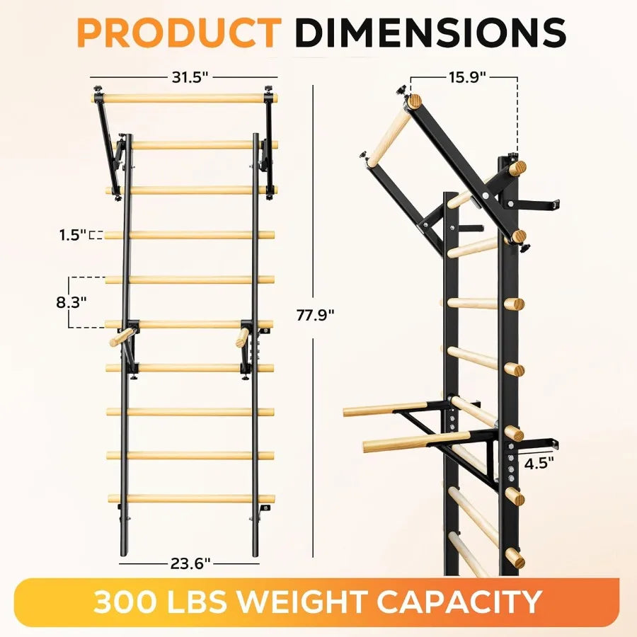 Swedish Ladder Wood Stall Bar Swedish ladders Wall Gym Adult Adjustable Pull Up and Dip Station for Adults and 9-Anchor Solid P