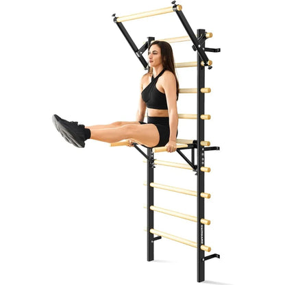 Swedish Ladder Wood Stall Bar Swedish ladders Wall Gym Adult Adjustable Pull Up and Dip Station for Adults and 9-Anchor Solid P