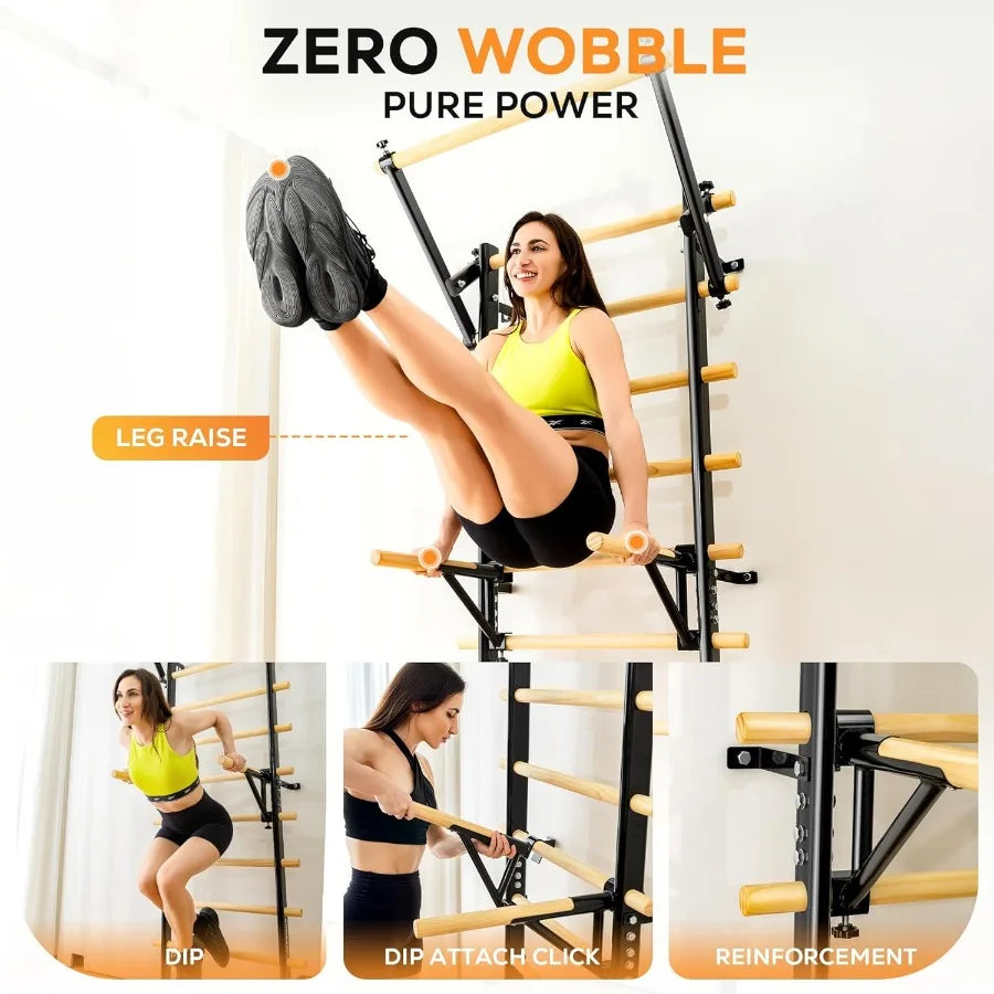 Swedish Ladder Wood Stall Bar Swedish ladders Wall Gym Adult Adjustable Pull Up and Dip Station for Adults and 9-Anchor Solid P