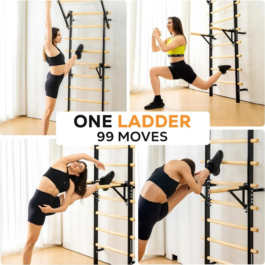 Swedish Ladder Wood Stall Bar Swedish ladders Wall Gym Adult Adjustable Pull Up and Dip Station for Adults and 9-Anchor Solid P