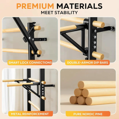 Swedish Ladder Wood Stall Bar Swedish ladders Wall Gym Adult Adjustable Pull Up and Dip Station for Adults and 9-Anchor Solid P