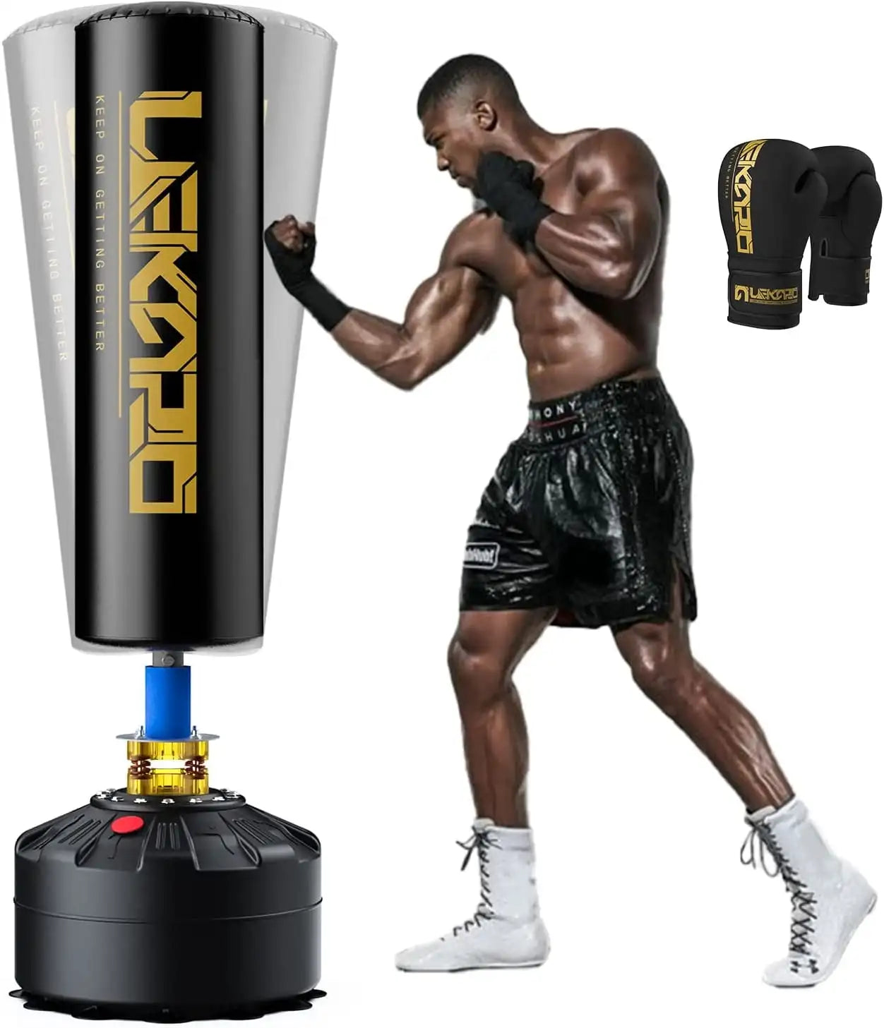 Standing boxing post with gloves